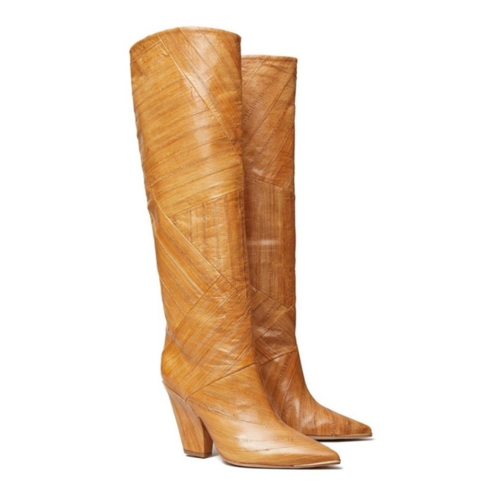 TORY BURCH Tan Lila Patch Work Eel Skin Pointy Toe Boots Size 6 1/2
